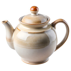 A rustic ceramic teapot with a handle and lid, perfect for serving hot tea and beverages in a kitchen or dining setting, isolated