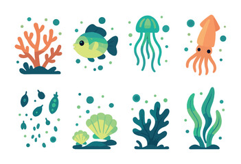Glowing Underwater Ecosystem. Flat vector mini-illustrations glowing underwater ecosystems in colors