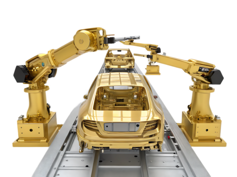 Golden car bodies on an assembly line with robotic arms in a manufacturing setting on a black background