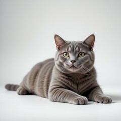 Obraz premium A beautiful gray cat relaxing on a clean, white surface with an adorable expression.