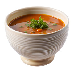 Bowl of tomato soup with parsley garnish isolated on white background