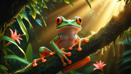 Green frog on a tree