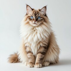 A beautiful fluffy cat with striking blue eyes, sitting gracefully against a soft background.