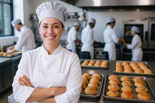 Smiling Chef, the bakery's head baker, confidently oversees a team preparing fresh bread in a modern commercial kitchen, a picture of success and culinary artistry.