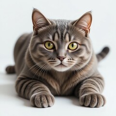 Obraz premium A captivating cat with striking eyes, poised gracefully on a light background, showcasing its vibrant personality.