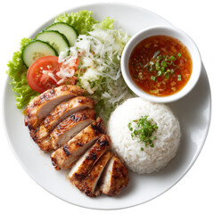 Grilled chicken with rice, cucumber, tomato, and dipping sauce, isolated on transparent background