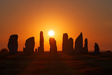 A perfectly round sun setting behind ancient standing stones.

