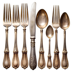 A collection of elegant, vintagestyle cutlery including forks, a knife, and spoons, presented on a white background for a sophisticated table setting
