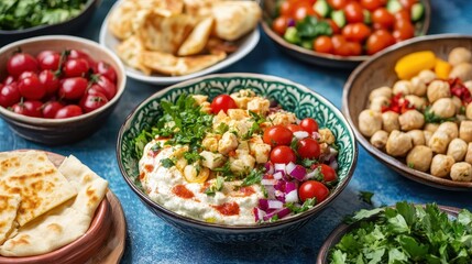 Fresh Colorful Salad Bowl with Vegetables and Yogurt Garnish