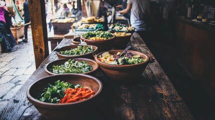 Obraz premium Fresh Colorful Salad Bowls on Rustic Wooden Table in Market Scene