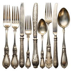 A collection of antique silverware, including forks, knives, and spoons, isolated on white background