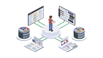 Isometric view of a centralized figure connected to databases and computer screens around a platform