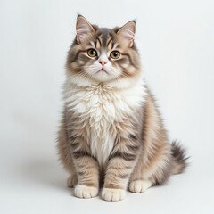 A fluffy and adorable cat with striking features sits gracefully against a light background.