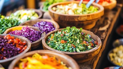 Fresh Colorful Salad Ingredients in Wooden Bowls on Rustic Table
