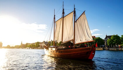 Wooden sailing ship on calm water at sunset, city backdrop
