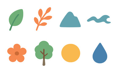 Minimalist Nature Icons. Flat vector mini-illustrations minimalist nature forms in colors children's
