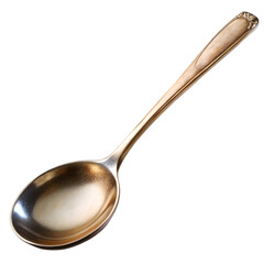 A single polished silver metal spoon with an ornate handle, isolated on a white background, suitable for various dining occasions