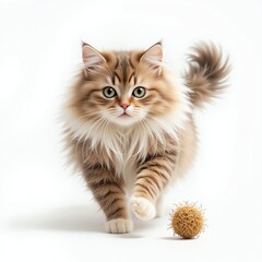 A fluffy cat with striking eyes playfully trots towards a textured ball on a clean white backdrop.