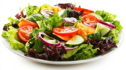 Fresh Colorful Salad with Greens, Tomatoes, Cucumbers, and Onions