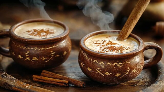 Two mugs of steaming spiced beverage with cinnamon sticks
