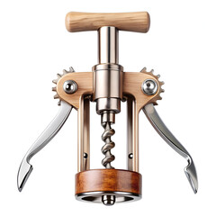Wooden and metal corkscrew wine opener isolated on white background