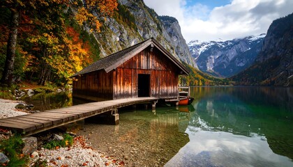 Picturesque boathouse on lake k?nigssee, bavaria, germany, amidst autumn foliage and mountains