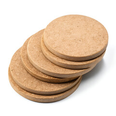 Stack of round natural cork coasters isolated on white background, perfect for protecting surfaces from drinks and heat