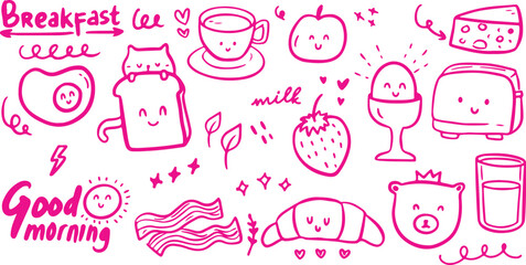 Pink Cafe and Food Doodle Set – Coffee, Cup, Strawberry, Sweet, Fun, Cute, Sketch, Doodle, Vector, Decorative, Minimal, Isolated, Elements, Outline, Graphic, Food
