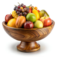 Assortment of fresh, ripe fruits in a wooden bowl, isolated on white background
