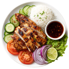 Grilled chicken breast with rice, cucumber, tomato, onion, and sauce isolated on transparent background