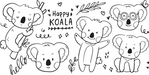 Koala and Animal Doodle Set – Koala, Bear, Fun, Cute, Minimal, Isolated, Decorative, Vector, Outline, Wildlife, Cartoon, Nature, Sketch, Hand Drawn, Forest