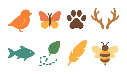 Fototapeta premium Wildlife Icon Grid. Flat vector mini-illustrations wildlife-inspired design in colors children's illustrations