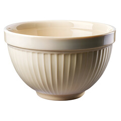 Cream ceramic mixing bowl with ribbed pattern, isolated on white background