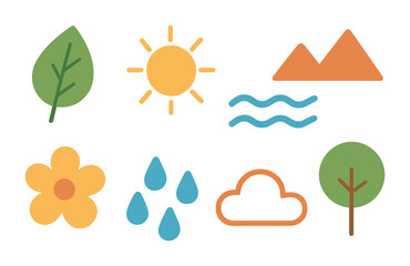 Colorful Kids Nature Icons. Flat vector mini-illustrations abstract natural elements in colors children's
