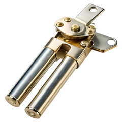 Manual metal can opener with silver and gold accents, isolated on white background
