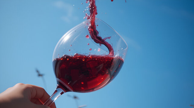 hand hold red wineglass squirm stem on blue sky