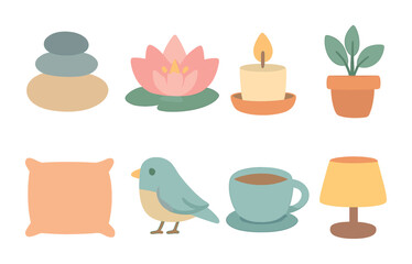 Nature's Calm Icons. Flat vector mini-illustrations stress relief through nature in colors children's