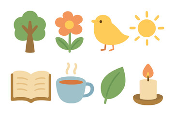 Nature's Healing Icons. Flat vector mini-illustrations healing power of nature in colors children's