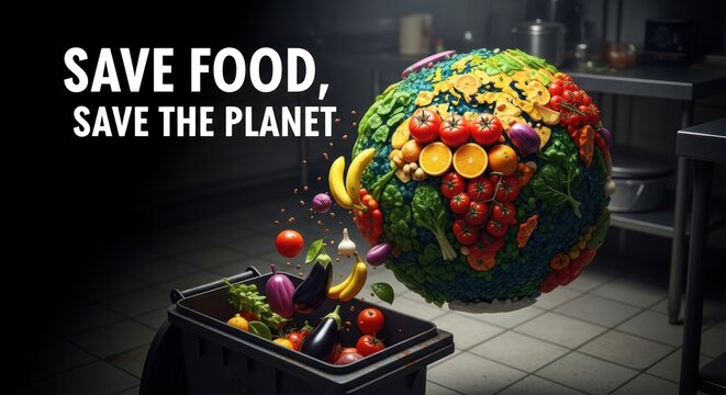 A powerful conceptual image illustrating the global problem of food waste, with a planet Earth made of fresh produce crumbling into a trash can.