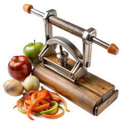 Apple peeler corer slicer with apples and bell pepper strips isolated on white background