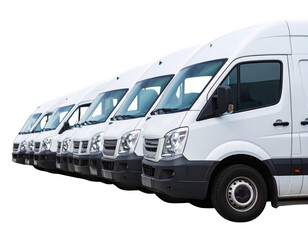 Naklejka premium Fleet of commercial white vans and trucks lined up for display, isolated on transparent background PNG