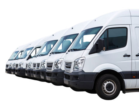 Fleet of commercial white vans and trucks lined up for display, isolated on transparent background PNG