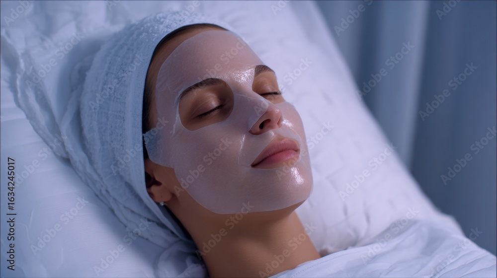 Poster relaxing with a sheet mask over calm face in a peaceful setting with open space to the right