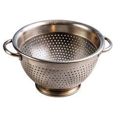 A shiny metal colander with handles, isolated on white background, perfect for draining pasta or washing vegetables in the kitchen