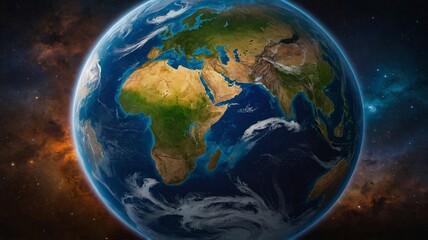 Fototapeta premium A stunning view of Earth from space, showcasing continents, oceans, and swirling clouds in vibrant colors.