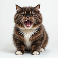 A striking close-up of a fluffy cat with an open mouth, showcasing its unique fur and expressive face.