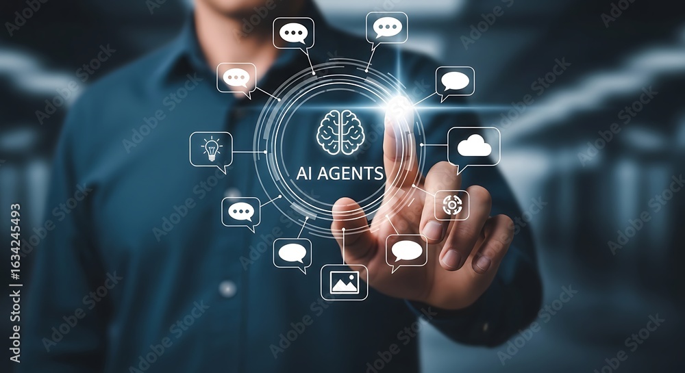 Poster a person is touching an ai agent interface, symbolizing digital transformation, automation, and the 