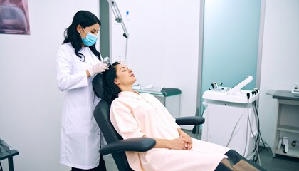 Obraz premium Generated image A woman receiving advanced hair follicle treatment from a dermatologist to cure
