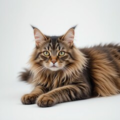 A stunning Maine Coon cat with majestic fur and captivating green eyes, lounging gracefully in a tranquil setting.