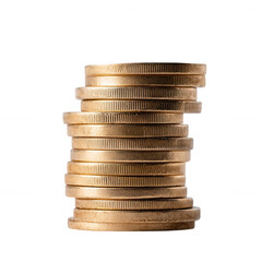 A stack of golden coins arranged neatly, showcasing their shiny surfaces and detailed engravings against a white isolated background.